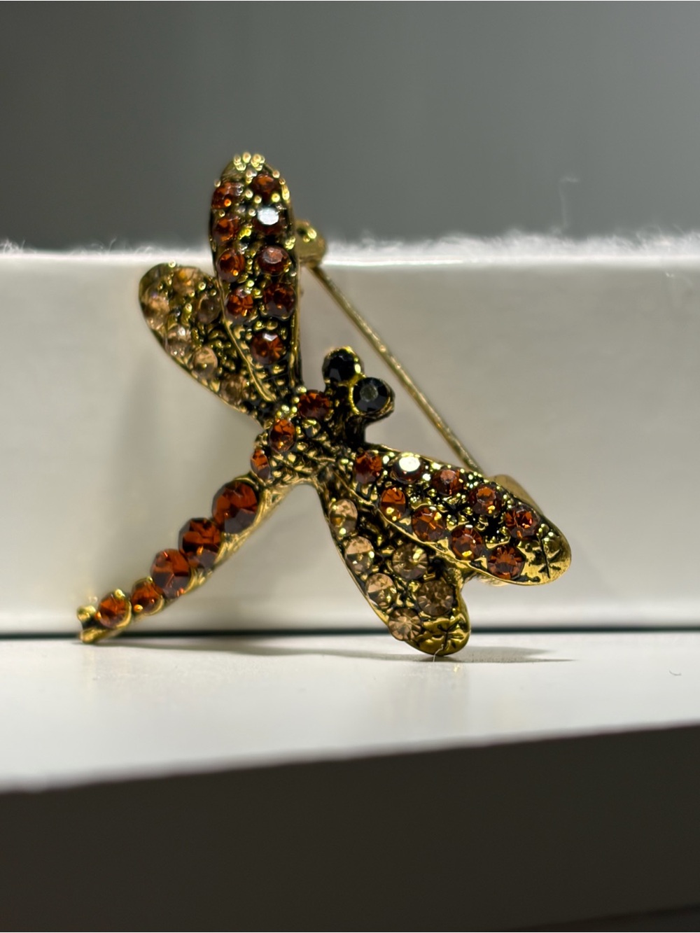 Gold Dragonfly Brooch with Amber and Topaz Accents - Women Jewelry